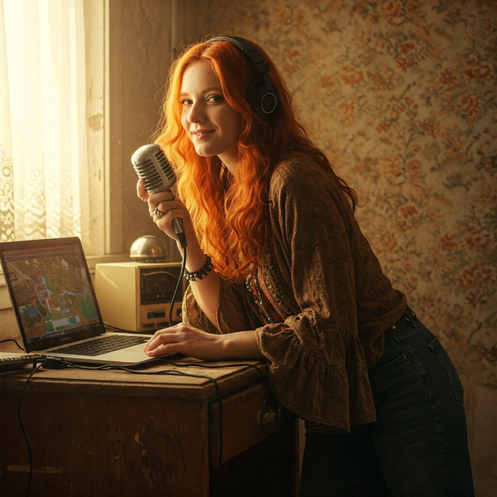 Red headed woman holding a vintage microphone with a laptop